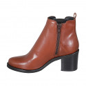 Woman's ankle boot with zipper and elastic band in cognac brown leather heel 6 - Available sizes:  32, 33, 42, 43, 44, 45, 46