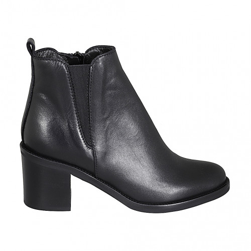 Bottines pour femmes avec fermeture éclair et elastique en cuir noir talon 6 - Pointures disponibles:  32, 33, 43, 44, 45, 46