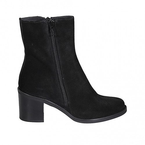 Botines para mujer en gamuza negra con cremalleras tacon 6 - Tallas disponibles:  33, 34, 44