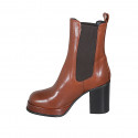 Woman's ankle boot in cognac brown leather with elastic bands and platform heel 8 - Available sizes:  32, 33, 42