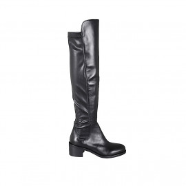 Botas sobre la rodilla para mujer en piel y material elastico negro con media cremallera tacon 5 - Tallas disponibles:  32, 33, 34, 42