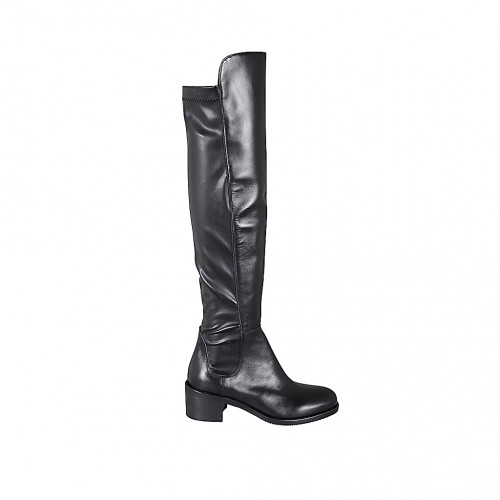 Woman's over-the-knee boot in black elastic material and leather with half zipper heel 5 - Available sizes:  32, 33, 34, 42, 43, 44, 45, 46, 47