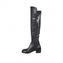 Botas sobre la rodilla para mujer en piel y material elastico negro con media cremallera tacon 5 - Tallas disponibles:  32, 33, 34, 42, 43, 44, 45, 46