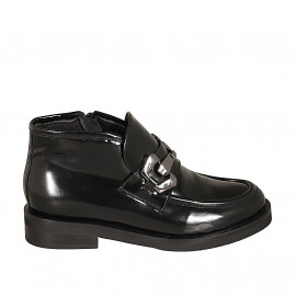 Woman's low ankle boot with zipper and accessory in black brush-off leather heel 3 - Available sizes:  32, 35, 43, 44, 45