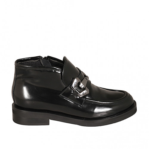 Botin bajo para mujer con cremallera y accesorio en piel cepillada negra tacon 3 - Tallas disponibles:  32, 35, 42, 43, 44, 45