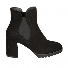 Botines con cremallera y elastico para mujer en gamuza negra tacon 7 - Tallas disponibles:  32, 33, 44, 45