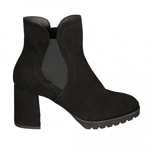 Bottines avec fermeture éclair et elastique pour femmes en daim noir talon 7 - Pointures disponibles:  32, 33, 34, 35, 42, 43, 44, 45