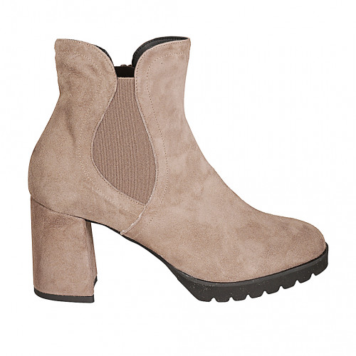 Botines con cremallera y elastico para mujer en gamuza gris pardo tacon 7 - Tallas disponibles:  32, 33, 35, 42, 43, 44, 45