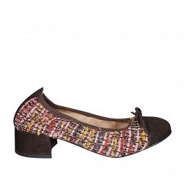 Woman's ballerina with bow and captoe in brown suede and multicolored fabric heel 4 - Available sizes:  42