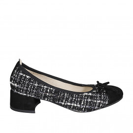 Woman's ballerina with bow and captoe in black suede and black and white fabric heel 4 - Available sizes:  42, 44