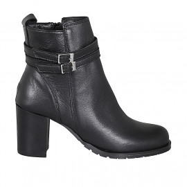 Woman's ankle boot with zipper and buckles in black leather heel 7 - Available sizes:  32, 43, 44, 45