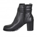 Woman's ankle boot with zipper and buckles in black leather heel 7 - Available sizes:  32, 33, 35, 43, 44, 45