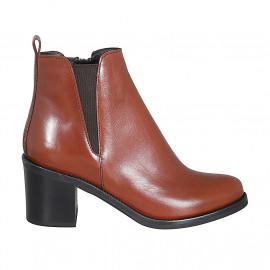 Woman's ankle boot with zipper and elastic band in cognac brown leather heel 6 - Available sizes:  42, 43, 44