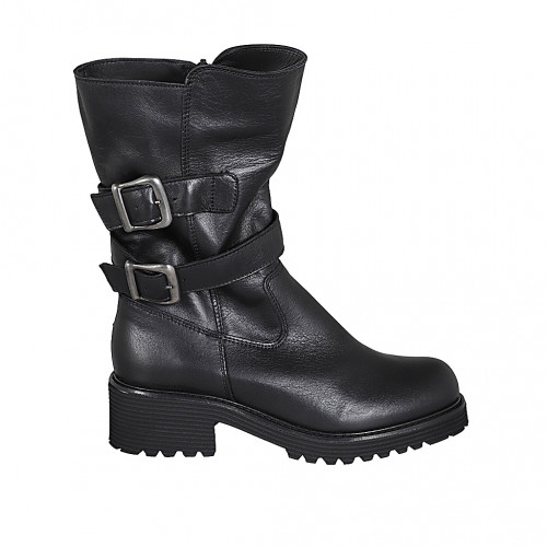 Botas para mujer en piel negra con hebillas y cremallera tacon 5 - Tallas disponibles:  32, 33, 35, 43, 45