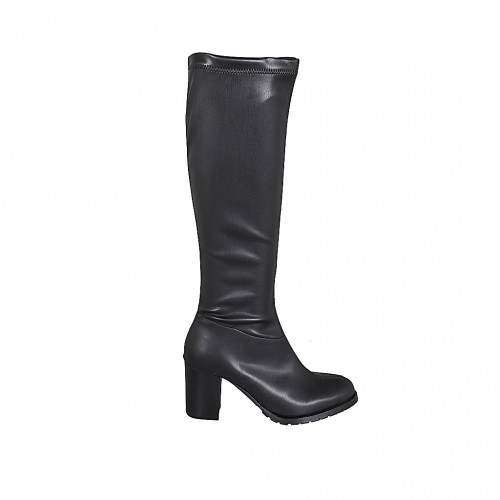 Bottes au genou pour femmes en cuir et matériau élastique noir avec fermeture éclair talon 7 - Pointures disponibles:  32, 33, 34, 42, 43, 44, 45