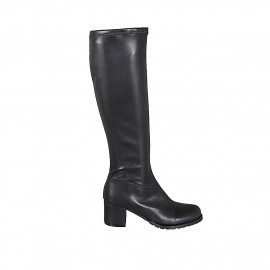 Botas à la rodilla para mujer en piel y material elastico negro con cremallera tacon 6 - Tallas disponibles:  32, 33, 42