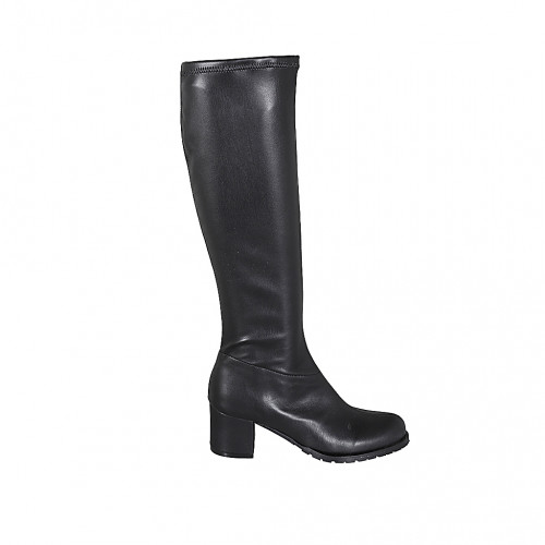 Bottes au genou pour femmes en cuir et matériau élastique noir avec fermeture éclair talon 6 - Pointures disponibles:  32, 33, 34, 42, 43, 44, 45