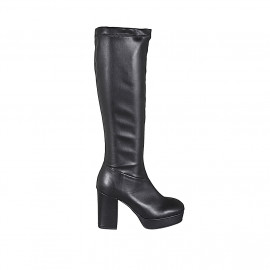 Botas à la rodilla para mujer en piel y material elastico negro con cremallera y plataforma tacon 10 - Tallas disponibles:  43, 44