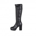 Woman's knee-high boot in black elastic material and leather with zipper and platform heel 10 - Available sizes:  43, 44