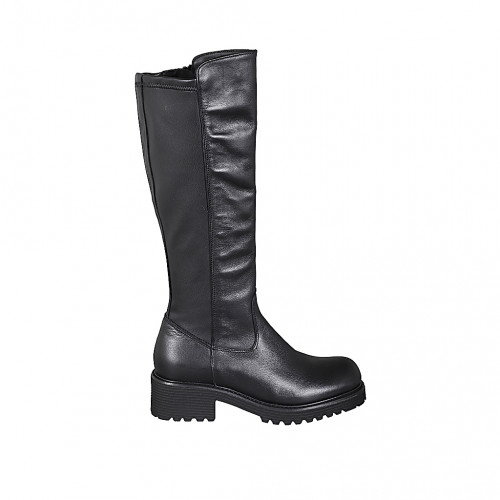 Bota para mujer con cremallera en material elastico y piel negra tacon 5 - Tallas disponibles:  45