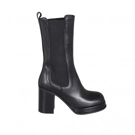 Woman's high ankle boot in black leather with elastic bands and platform heel 8 - Available sizes:  32