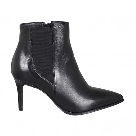 Woman's pointy ankle boot in black leather with elastic and zipper heel 7 - Available sizes:  46