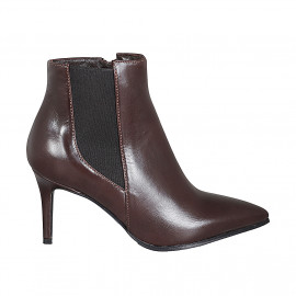 Woman's pointy ankle boot in brown leather with elastic and zipper heel 7 - Available sizes:  32, 42, 43, 44