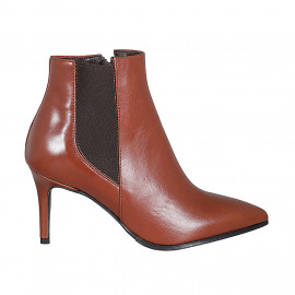 Woman's pointy ankle boot in cognac brown leather with elastic and zipper heel 7 - Available sizes:  32, 42, 43, 44, 46