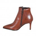 Woman's pointy ankle boot in cognac brown leather with elastic and zipper heel 7 - Available sizes:  32, 33, 34, 42, 43, 44, 45, 46