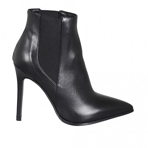 Woman's pointy ankle boot with elastic bands in black leather with heel 10 - Available sizes:  32, 33, 34, 42, 43, 44, 46