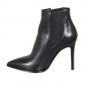 Woman's pointy ankle boot with elastic bands in black leather with heel 10 - Available sizes:  32, 33, 34, 42, 43, 44, 46