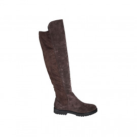 Botas a la rodilla para mujer con media cremallera en gamuza y material elastico marron tacon 3 - Tallas disponibles:  43