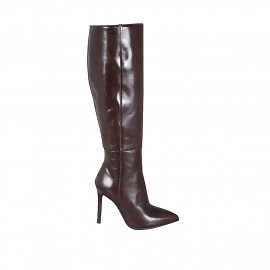 Woman's pointy boot in brown leather with zipper heel 10 - Available sizes:  32, 42