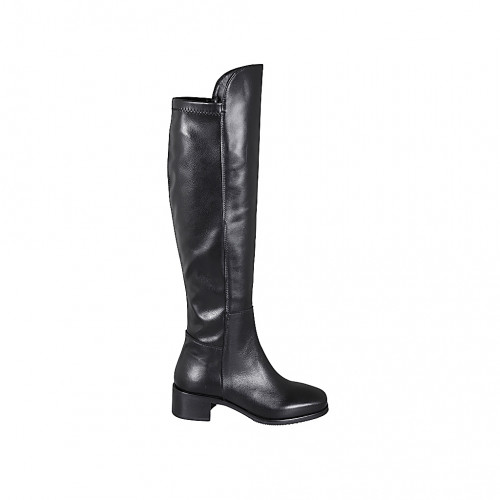 Woman's boot with half zipper and squared tip in black leather and elastic material heel 4 - Available sizes:  32, 33