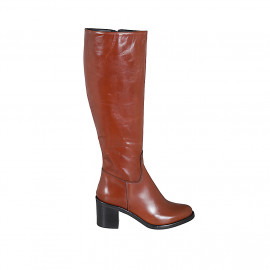 Bota para mujer con cremallera en piel cognac con tacon 6 - Tallas disponibles:  33, 42, 43, 44