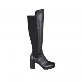 Botas a la rodilla para mujer en piel y tejido elastico negro con media cremallera tacon 7 - Tallas disponibles:  32, 34