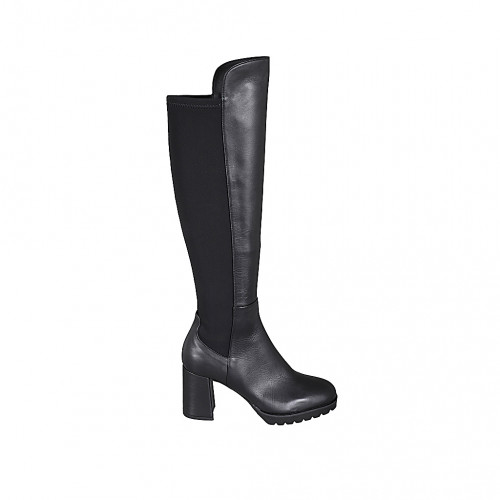 Woman's knee-high boot in black leather and elastic fabric with half zipper heel 7 - Available sizes:  32, 34