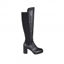 Bottes au genou en cuir et tissu élastique noir avec demi fermeture éclair talon 7 - Pointures disponibles:  32, 33, 34, 35, 43, 44, 45