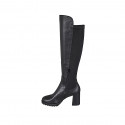 Bottes au genou en cuir et tissu élastique noir avec demi fermeture éclair talon 7 - Pointures disponibles:  32, 33, 34, 35, 43, 44, 45