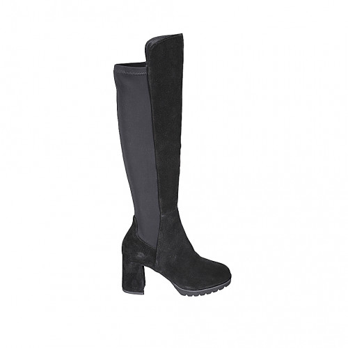 Bottes au genou en daim et tissu élastique noir avec demi fermeture éclair talon 7 - Pointures disponibles:  32, 33, 34, 35, 42, 43, 44, 45