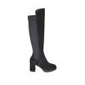 Botas a la rodilla para mujer en gamuza y tejido elastico negro con media cremallera tacon 7 - Tallas disponibles:  32, 33, 34, 35, 42, 43, 44, 45