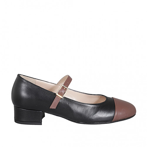 Woman's Mary Jane pump with rounded tip and strap in black and brown leather heel 3 - Available sizes:  32, 33, 42, 43, 44, 46