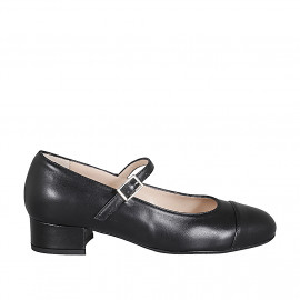 Woman's Mary Jane with rounded tip and strap in black leather heel 3 - Available sizes:  32