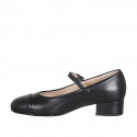 Woman's Mary Jane pump with rounded tip and strap in black leather heel 3 - Available sizes:  32, 33, 42, 44