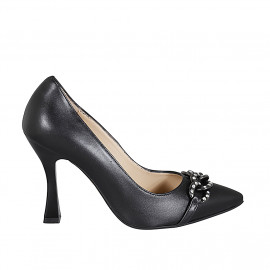 Escarpin pour femmes en cuir noir avec chaîne et strass talon 9 - Pointures disponibles:  33, 34, 35