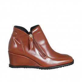 Woman's ankle boot in cognac brown leather with zippers wedge heel 6 - Available sizes:  32