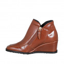 Woman's ankle boot in cognac brown leather with zippers wedge heel 6 - Available sizes:  32, 34