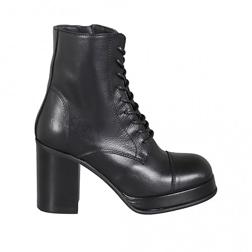 Stivaletto stringato da donna con cerniera, puntale e plateau in pelle nera tacco 8 - Misure disponibili: 32, 33, 34, 35, 44, 45, 46, 47