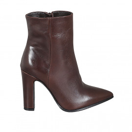 Woman's pointy ankle boot with zipper in dark brown leather heel 10 - Available sizes:  33, 42