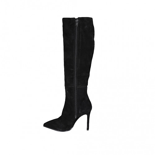 Woman's pointy boot in black suede with zipper heel 10 - Available sizes:  32, 33, 42, 43, 45, 47